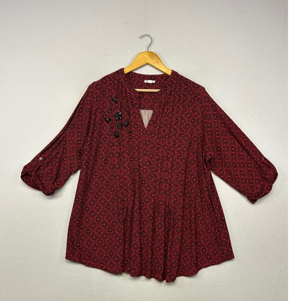 Boho Medallion Beaded Westport Women 2X Red Black Tunic Workwear Blouse Office